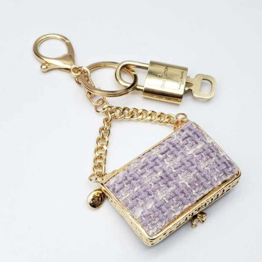 Authentic Louis Vuitton Padlock & Key Gold ✨Unbranded Tweed Bag Charm Keychain - Picture 5 of 9